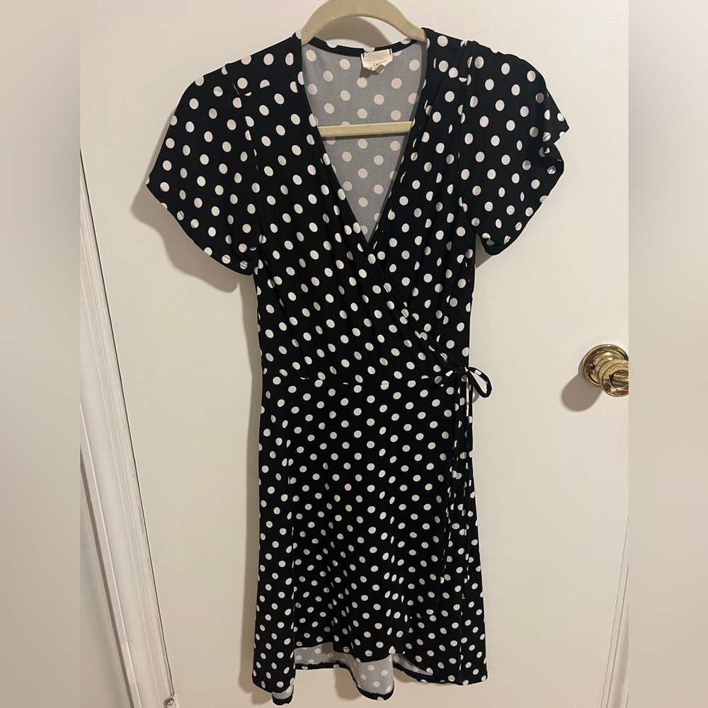 Caution To The Wind Black and White Polka Dot  wrap around Dress